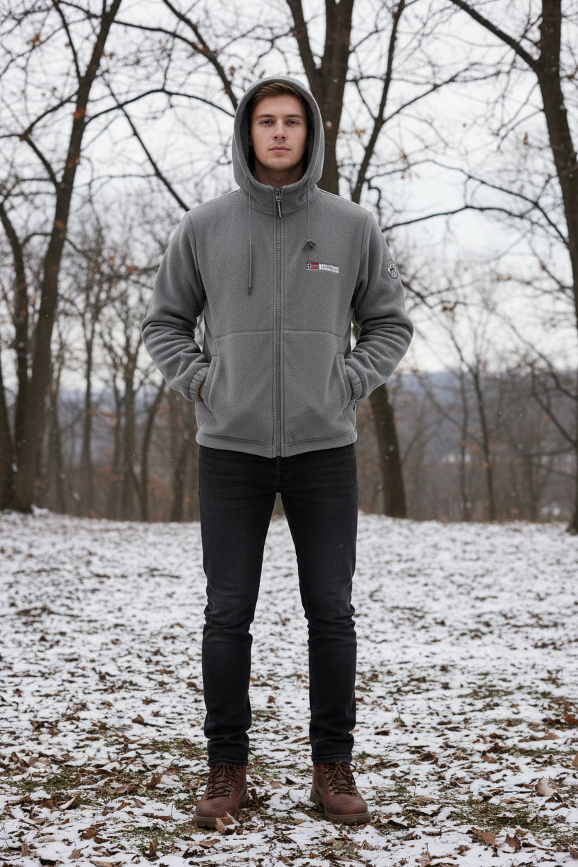 Gray fleece jacket with brand logo on a white background