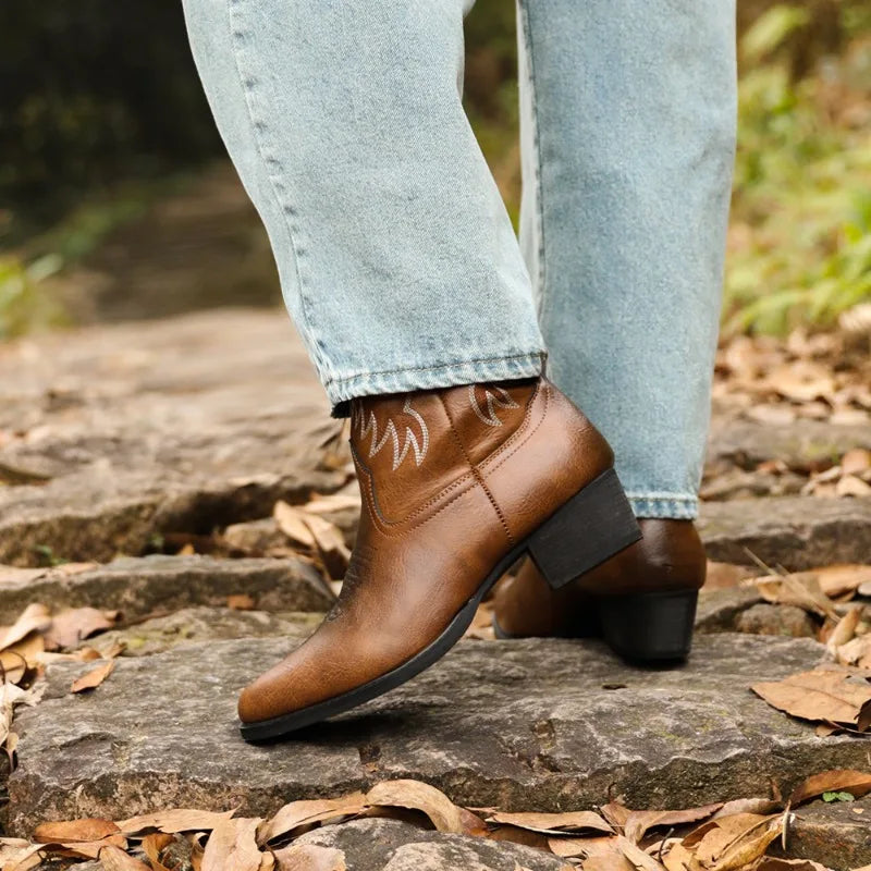 Embroidered Men Knee High Heel Leather Boots Retro European American Western Cowboy Boots Wedge Zip Casual Shoes Botas De Hombre