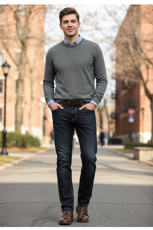 Person wearing blue-black jeans on a light gray background