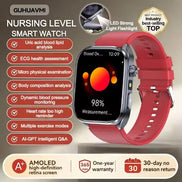 Smartwatch with red band on a beige background, featuring product details and features.