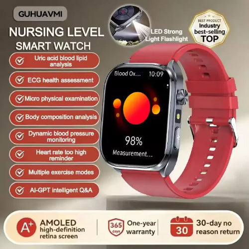 Smartwatch with red band on a beige background, featuring product details and features.