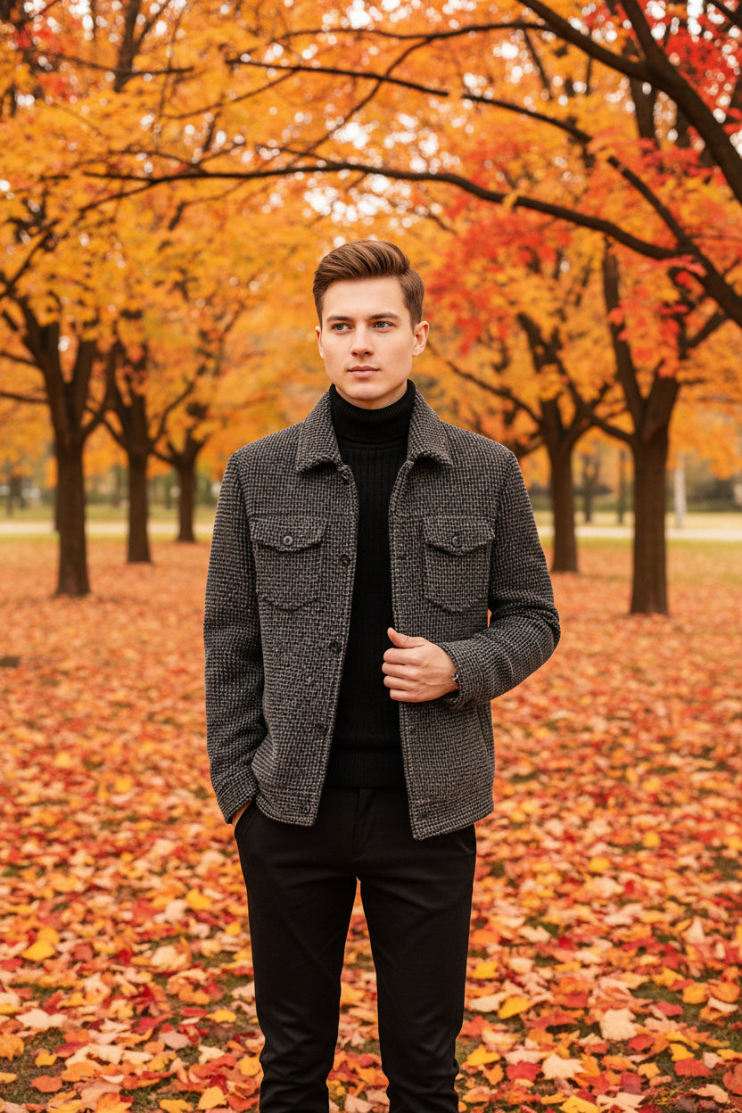 A man wearing a dark gray and black houndstooth patterned jacket over a black turtleneck sweater. The photo is cropped from the chin down, set against a modern interior background with a tiled wall and a wooden table.