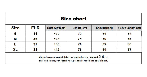 Women's hooded jacket size chart for S–XL showing EUR sizes, bust, garment length, shoulder and sleeve measurements in centimeters
