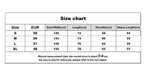 Women's hooded jacket size chart for S–XL showing EUR sizes, bust, garment length, shoulder and sleeve measurements in centimeters