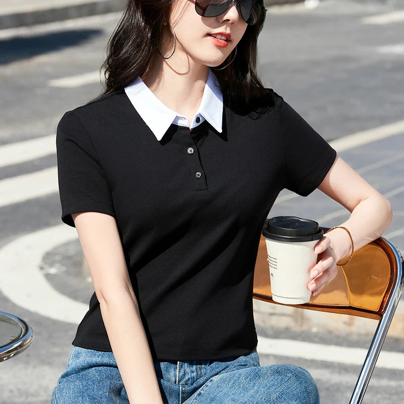 Summer New Cotton Polo Shirt Solid Color Polo Neck Short Sleeve High Waist Short Style Slim Fit Fashion Casual Women's Shirt