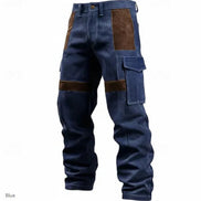 Navy blue corduroy cargo pants with brown contrast panels, belt loops, and flap thigh pockets against a white background.