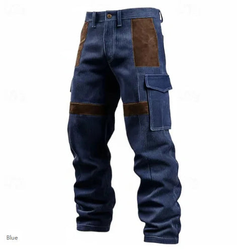 Navy blue corduroy cargo pants with brown contrast panels, belt loops, and flap thigh pockets against a white background.