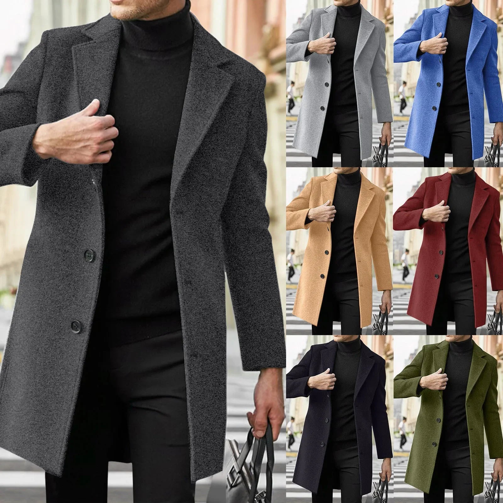 Collage of people wearing different colored coats over a black turtleneck.