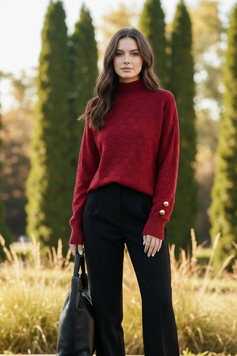 A woman wearing a red ribbed turtleneck sweater with a textured checkerboard pattern on the chest and sleeves, 