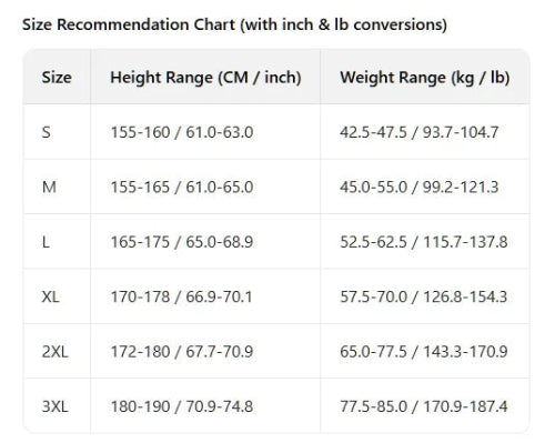 Size recommendation chart for sizes S through 3XL, showing height ranges in centimeters and inches and weight ranges in kilograms and pounds.
