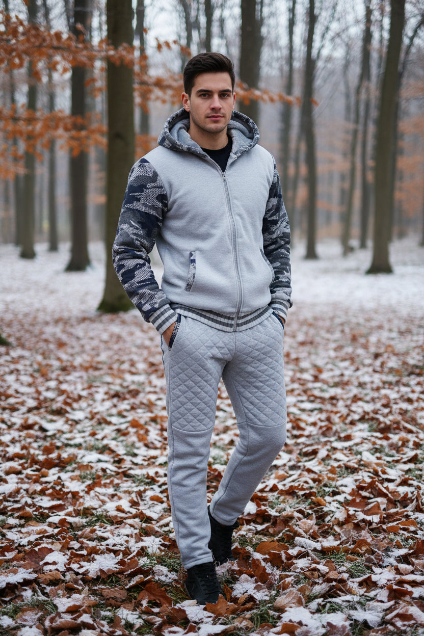 Gray hoodie and pants set with camouflage pattern on a white background