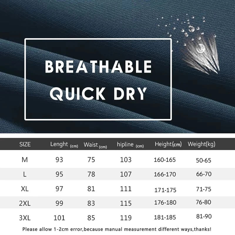 Product description with text 'Breathable Quick Dry' and size chart on a dark background.