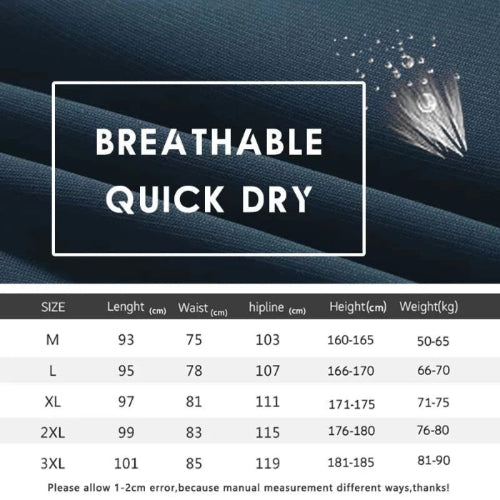 Product description with text 'Breathable Quick Dry' and size chart on a dark background.