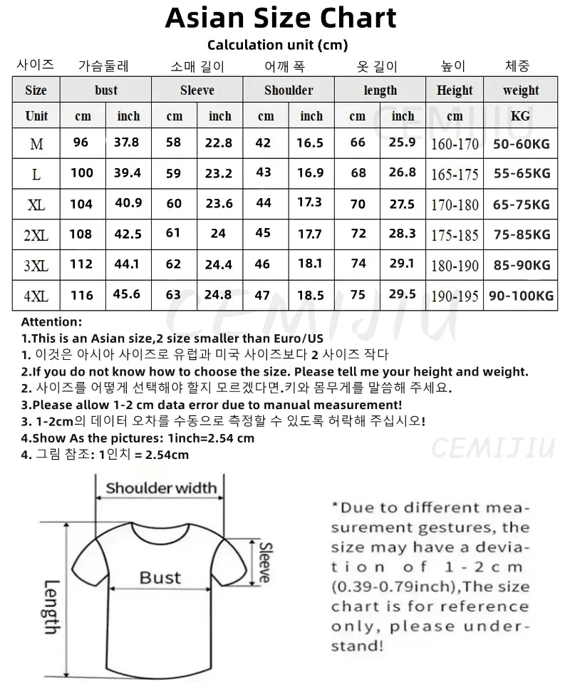 Asian size chart for clothing with measurements in centimeters and inches.