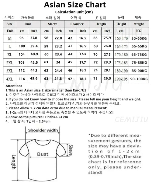 Asian size chart for clothing with measurements in centimeters and inches.