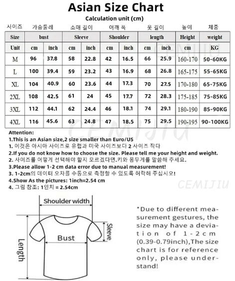 Asian size chart for clothing with measurements in centimeters and inches.