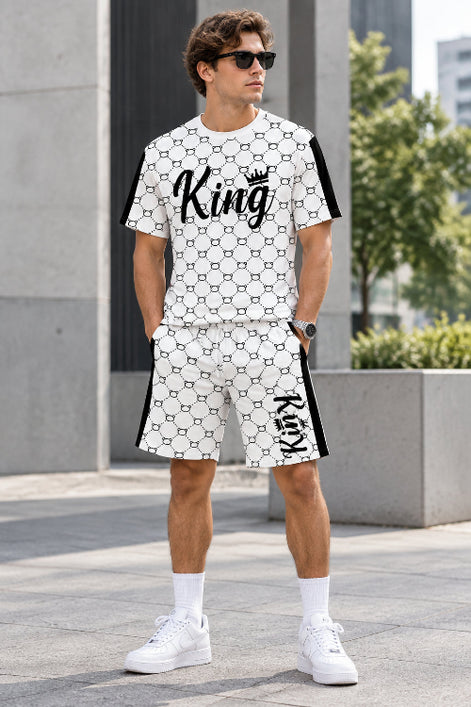 A matching two-piece athletic outfit set consisting of a short-sleeve t-shirt and shorts, both featuring a white base with a black interlocking chain pattern, 