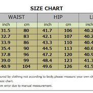 Size chart for clothing measurements including waist, hip, and length in both inches and centimeters.