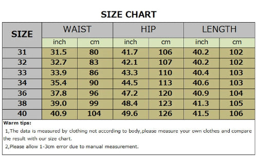 Size chart for clothing measurements including waist, hip, and length in both inches and centimeters.