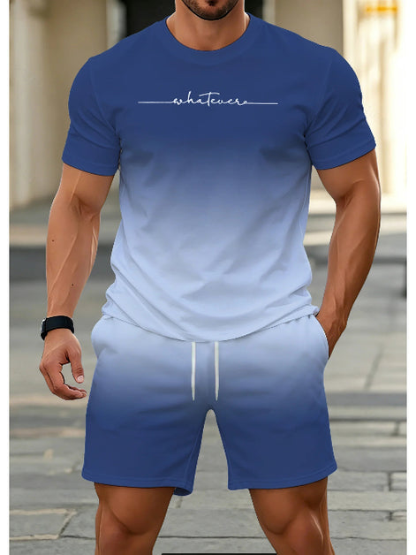 A man wearing a matching blue gradient t-shirt and shorts set with white drawstrings 