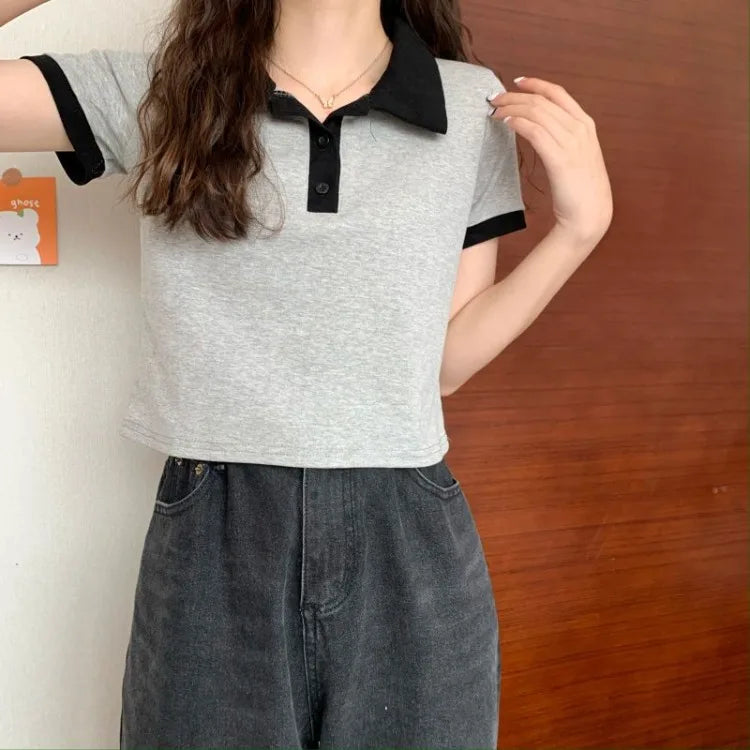 Summer 2026 Women New Arrival Slim Fit Versatile Polo Collar Color Block Short T Shirt Short Sleeve Unique Top Ins Trendy