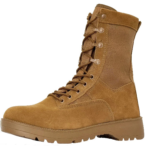Tan military boot with laces on a white background