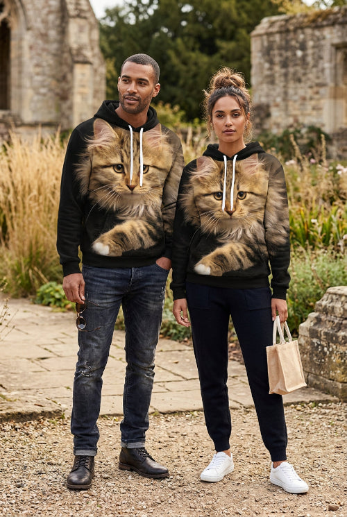 A pullover hoodie featuring a realistic printed image of a fluffy brown tabby cat on the front, with white drawstrings and a white hood lining, 
