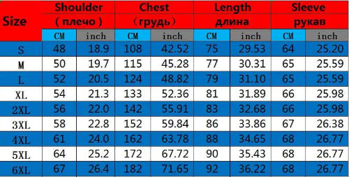 Size chart for clothing with measurements in centimeters and inches.