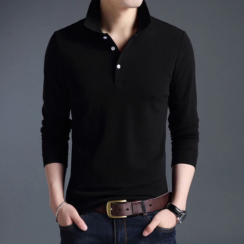 Top Grade New Fashion Men Polo Shirt Solid Color Slim Fit Polo Men Long Sleeve Mercerized Cotton Casual Polos Shirt Mens M-4XL
