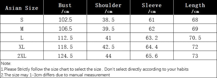 Table showing Asian size chart with bust, shoulder, sleeve, and length measurements.