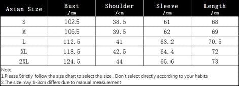 Table showing Asian size chart with bust, shoulder, sleeve, and length measurements.