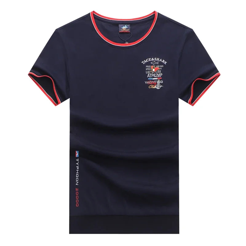 TACE&SHARK Summer Military T-shirts Fashion Embroidery Casual Cotton White Camiseta Tops Tees Shark Short Sleeve T Shirt Men