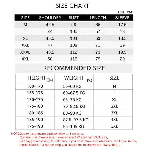 Size chart for clothing with measurements in centimeters