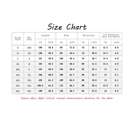 Cargo pants size chart showing Asian sizes S–6XL, European size equivalents, and length, hip, waist, and half-leg-opening measurements in centimeters and inches.
