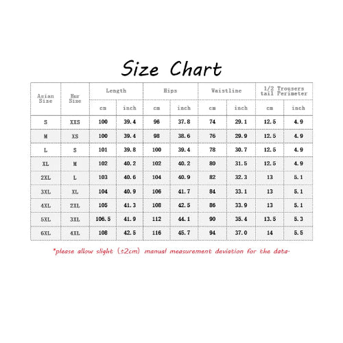 Cargo pants size chart showing Asian sizes S–6XL, European size equivalents, and length, hip, waist, and half-leg-opening measurements in centimeters and inches.