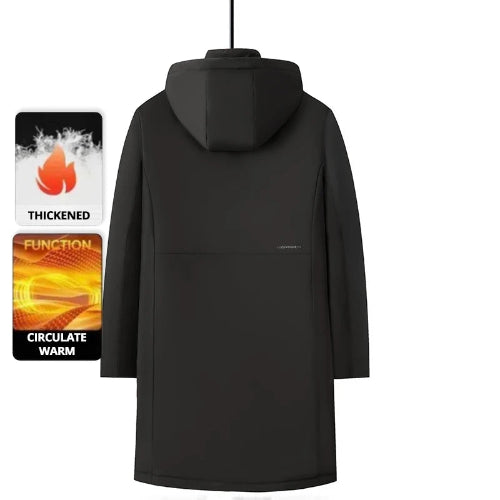 Black hooded coat with text on a white background