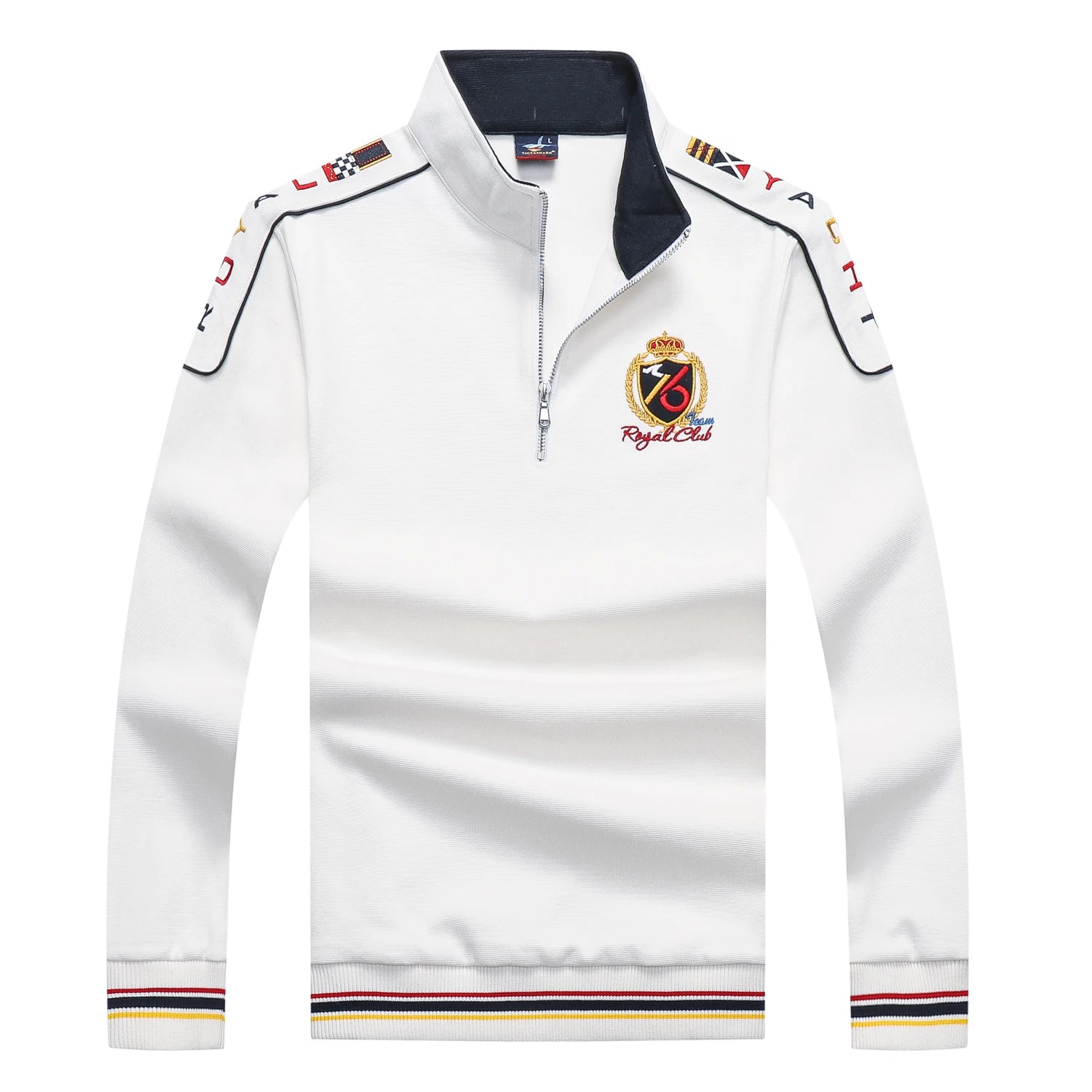 White jacket with embroidered logos on a white background