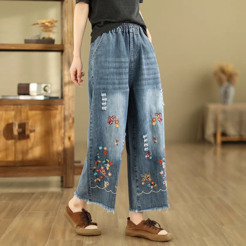 Spring Summer Ethnic Style Vintage Floral Embroidery Denim Wide Leg Pants Women High Elastic Waist Hole Casual Straight Jeans