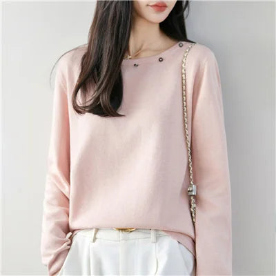 High end fashion 100% pure cotton women's sweater casual knitted round neck pullover autumn and winter solid color women's top