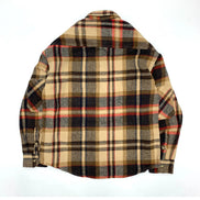 A long-sleeve plaid flannel shirt shown flat against a white background, featuring a classic checkered pattern in beige, brown, black, and red.