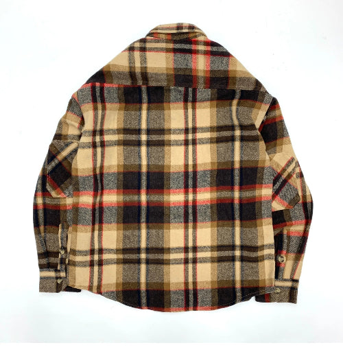 A long-sleeve plaid flannel shirt shown flat against a white background, featuring a classic checkered pattern in beige, brown, black, and red.