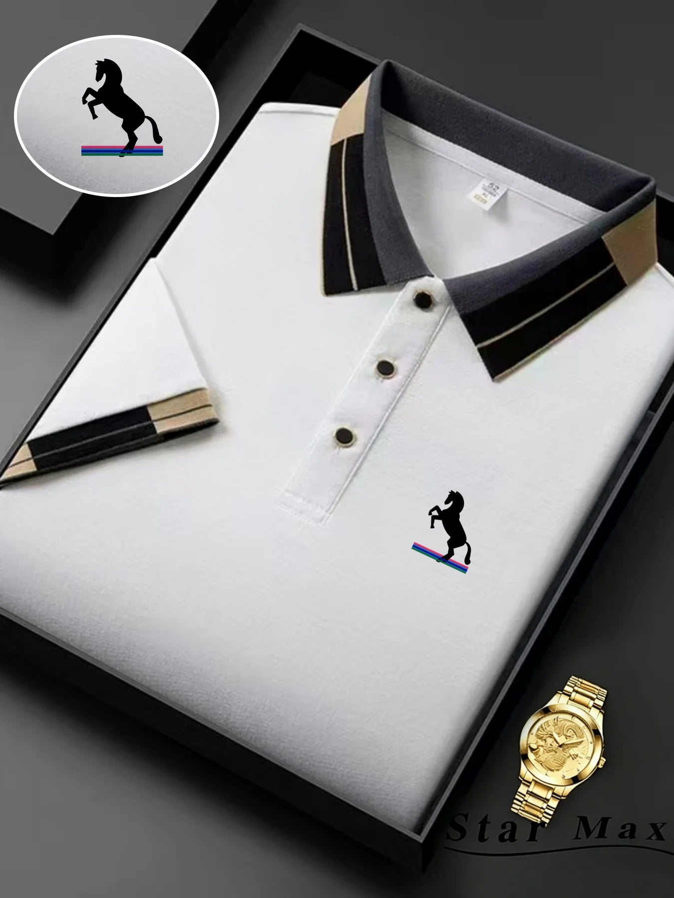 White polo shirt with black collar and logo, gold watch, and black pen on a dark background