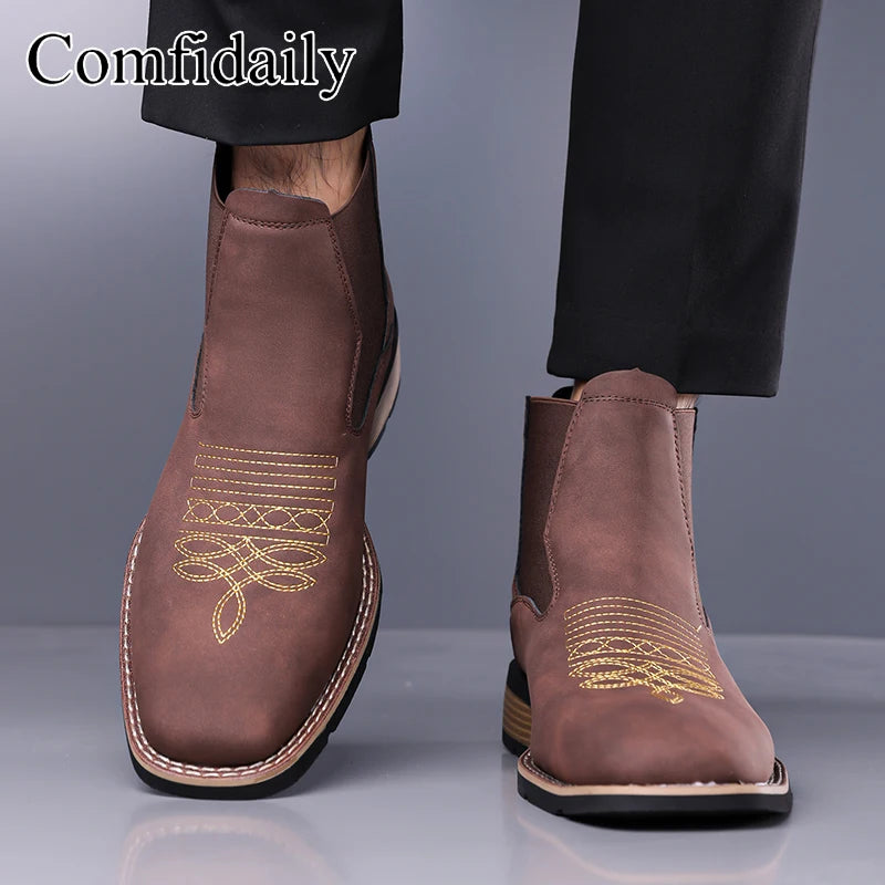 Retro Men Chelsea Boots Classic Brown Embroidery Boots High Quality Business Casual British Style Street Western Ankle Boots
