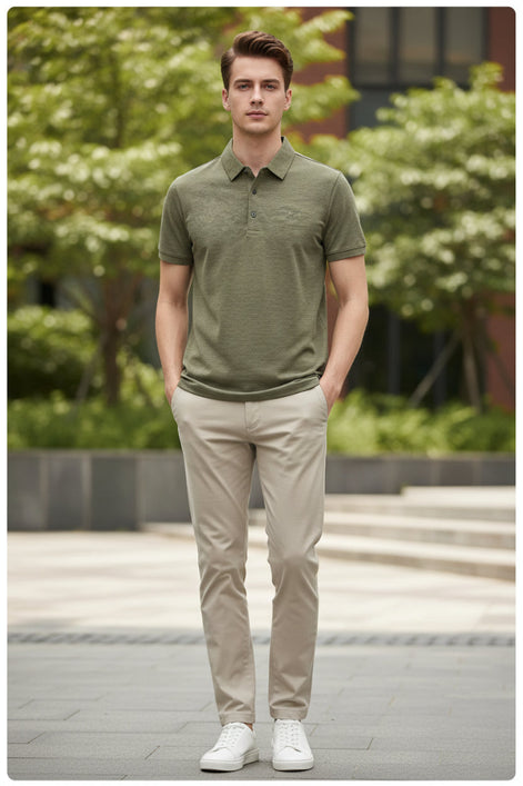 A close-up of a short-sleeve polo shirt in a muted olive-khaki color, hanging on a black hanger with a hand holding the fabric to show texture. The shirt features a classic collar, a three-button placket, and a small embroidered logo on the chest.