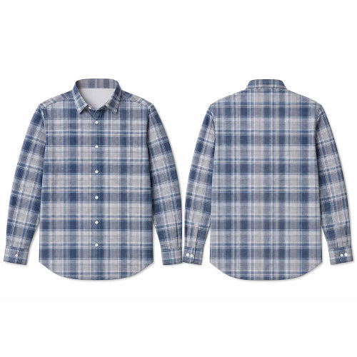 Front and back views of a long-sleeve plaid button-up shirt in blue, white, and light gray, displayed on a clean white background.