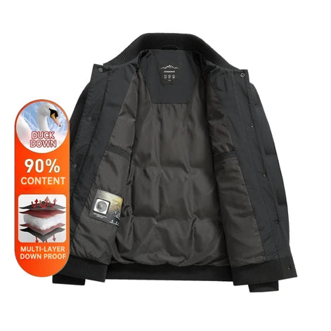 A black men's puffer jacket shown open against a white background, featuring a promotional circular badge on the left highlighting 90% duck down content and multi-layer down proof technology.