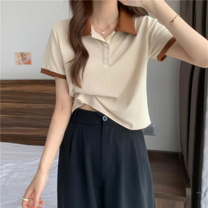 Plain Female Tee Slim Women's Polo Shirts T-shirts Short Sleeve T-shirt in Trend 2025 Youthful Clothes Korean Clothing Elegant