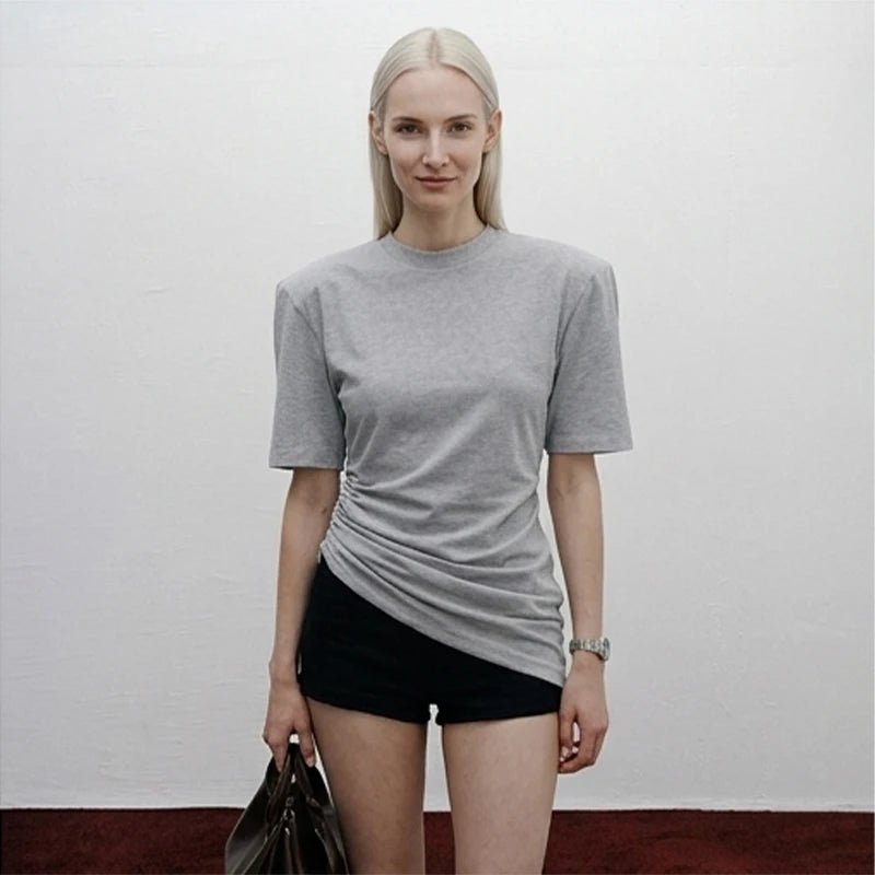 Versatile Regular-shoulder T-shirts Women Casual White Round Neck Irregular Hem Pleated Short Top Summer Lady Street Wear New