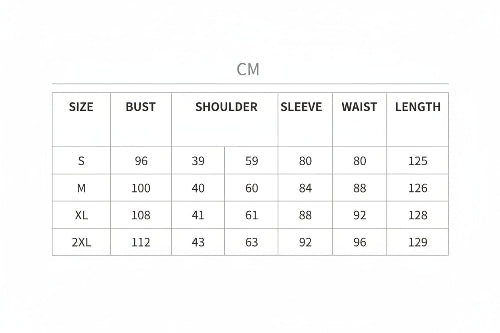 Size chart for clothing measurements in centimeters and inches