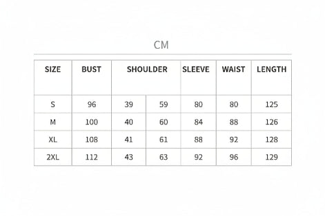 Size chart for clothing measurements in centimeters and inches